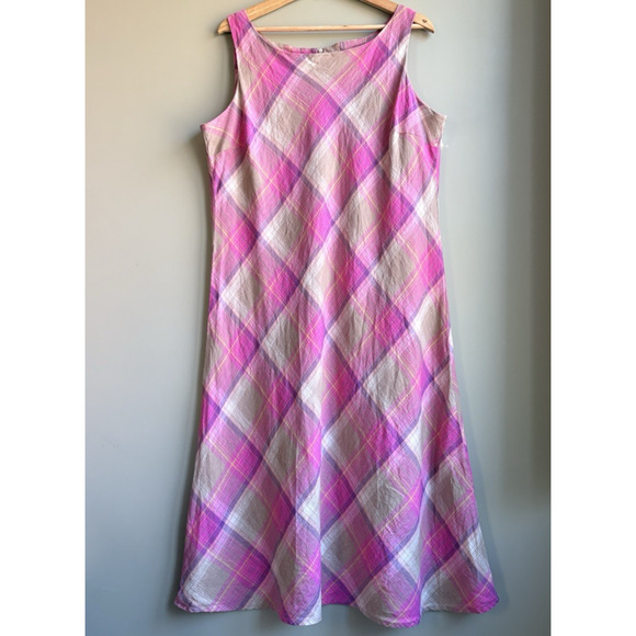 Pendleton 100% Linen Plaid Midi Dress Sleeveless Pink Taupe Preppy Plus Size 18 - Picture 2 of 16